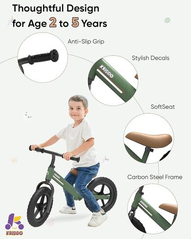 Kriddo Toddler Balance Bike 2 سنة ، توازن الأطفال الدراجة لمدة 2-5 سنوات ، ومحمل مزدوج لركوب أكثر سلاسة ، ولوحة رائعتين ، ومقعد قابل للتعديل ، ومقعد المقود ، وهدايا الدراجة الصغار سن 2-3 in Kuwait