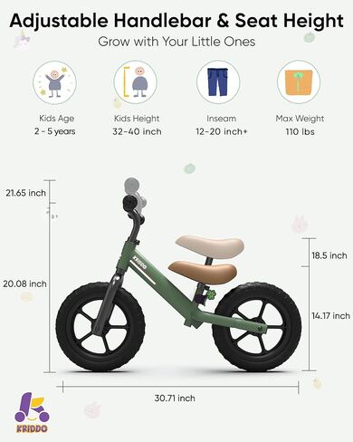 Kriddo Toddler Balance Bike 2 سنة ، توازن الأطفال الدراجة لمدة 2-5 سنوات ، ومحمل مزدوج لركوب أكثر سلاسة ، ولوحة رائعتين ، ومقعد قابل للتعديل ، ومقعد المقود ، وهدايا الدراجة الصغار سن 2-3 in Kuwait