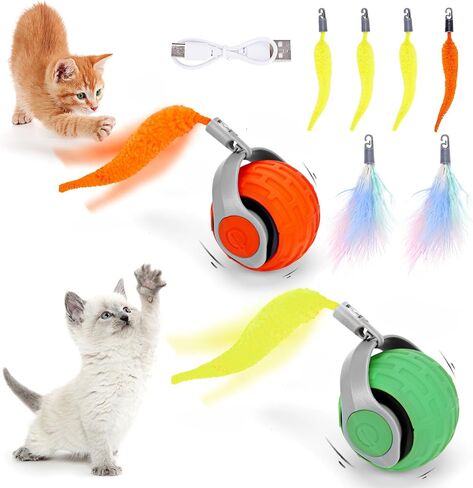 2PCS Cat Toy 3.0 Turbo Tail 2025 New Upgraded 300 mAh Pet Smart Chase Ball Interactive Cats Toy for Indoor Cats Smart Cat Ball Toy with 6 Replacement Tail (Orange&Green) in Saudi Arabia