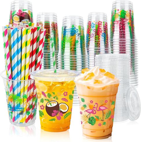 50 PCS صيف أكواب بلاستيكية في هاواي مع أغطية القش 12 أوقية يمكن التخلص منها في أكواب Luau الاستوائية القابلة للتصرف. in Kuwait