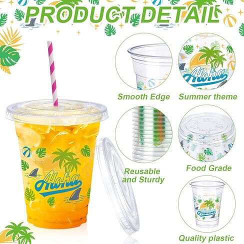 50 PCS صيف أكواب بلاستيكية في هاواي مع أغطية القش 12 أوقية يمكن التخلص منها في أكواب Luau الاستوائية القابلة للتصرف. in Kuwait