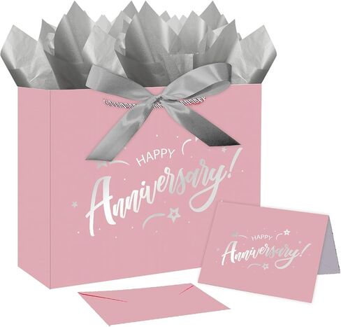 JWSCYSY 12.6" White and Metallic Black Happy Anniversary Paper Bag, Gift Bag with Card, Ribbon and Tissue Paper, Gift ideas for Anniversary Party, Wedding Anniversary Party Supplies. in Saudi Arabia