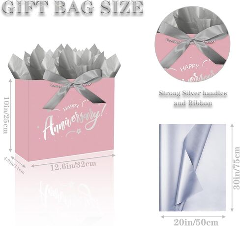 JWSCYSY 12.6" White and Metallic Black Happy Anniversary Paper Bag, Gift Bag with Card, Ribbon and Tissue Paper, Gift ideas for Anniversary Party, Wedding Anniversary Party Supplies. in Saudi Arabia