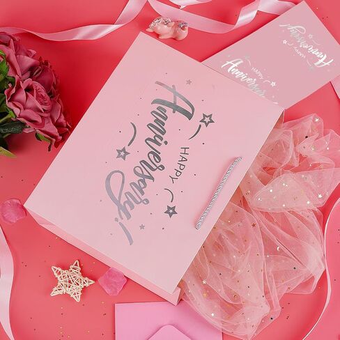 JWSCYSY 12.6" White and Metallic Black Happy Anniversary Paper Bag, Gift Bag with Card, Ribbon and Tissue Paper, Gift ideas for Anniversary Party, Wedding Anniversary Party Supplies. in Saudi Arabia