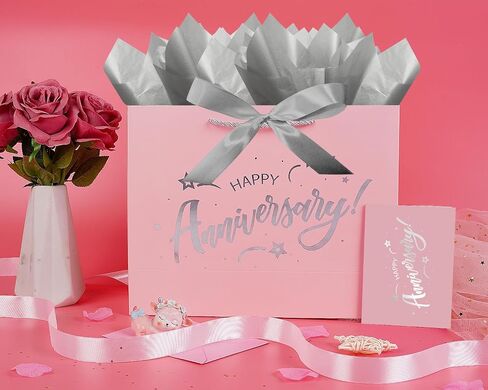 JWSCYSY 12.6" White and Metallic Black Happy Anniversary Paper Bag, Gift Bag with Card, Ribbon and Tissue Paper, Gift ideas for Anniversary Party, Wedding Anniversary Party Supplies. in Saudi Arabia