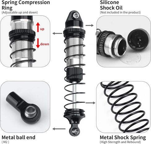 RC Shock Absorber Set, Aluminum Front Rear Universal Shock Absorber Oil Damper for Losi 1/18 Mini LMT 4X4 Brushed Monster Truck RTR Upgrade Parts (Silver) in Kuwait