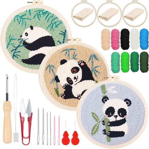 Woohome Punch Needle Kit Included Plastic Hoops, Punch Needle Cloth, Color Yarn and Punch Needle Tools for Adults, Beginners (Panda and Bamboo) in Kuwait