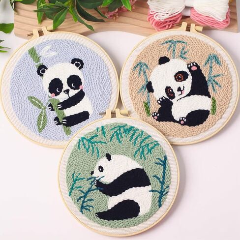 Woohome Punch Needle Kit Included Plastic Hoops, Punch Needle Cloth, Color Yarn and Punch Needle Tools for Adults, Beginners (Panda and Bamboo) in Kuwait