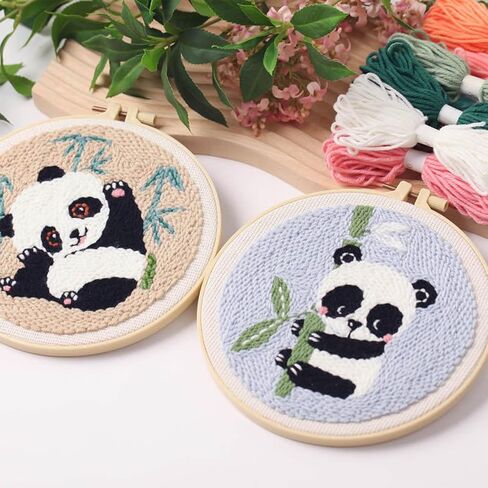 Woohome Punch Needle Kit Included Plastic Hoops, Punch Needle Cloth, Color Yarn and Punch Needle Tools for Adults, Beginners (Panda and Bamboo) in Kuwait