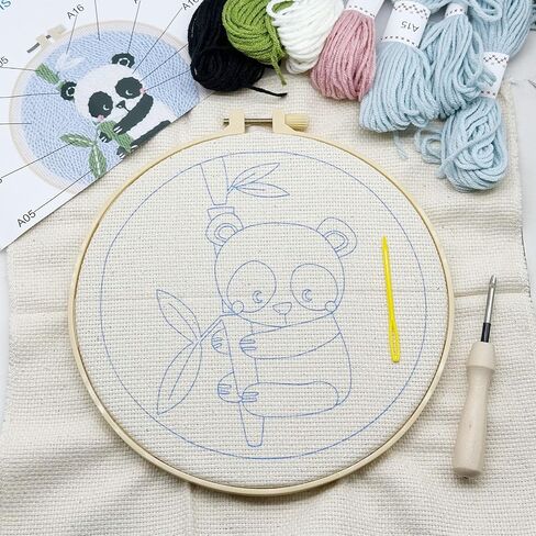 Woohome Punch Needle Kit Included Plastic Hoops, Punch Needle Cloth, Color Yarn and Punch Needle Tools for Adults, Beginners (Panda and Bamboo) in Kuwait