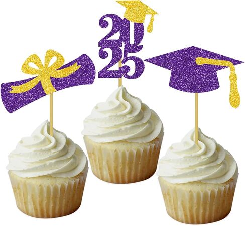 Graduation Cupcake Toppers Grad Party Decoration Food Picks Congrats Glitter Diploma Cap School Colors Supplies 24 PCS Purple Gold in Kuwait