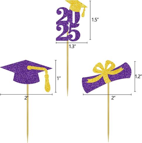 Graduation Cupcake Toppers Grad Party Decoration Food Picks Congrats Glitter Diploma Cap School Colors Supplies 24 PCS Purple Gold in Kuwait