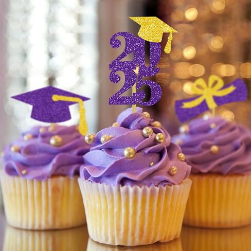 Graduation Cupcake Toppers Grad Party Decoration Food Picks Congrats Glitter Diploma Cap School Colors Supplies 24 PCS Purple Gold in Kuwait