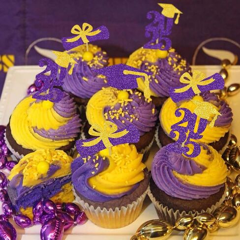 Graduation Cupcake Toppers Grad Party Decoration Food Picks Congrats Glitter Diploma Cap School Colors Supplies 24 PCS Purple Gold in Kuwait