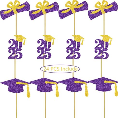 Graduation Cupcake Toppers Grad Party Decoration Food Picks Congrats Glitter Diploma Cap School Colors Supplies 24 PCS Purple Gold in Kuwait
