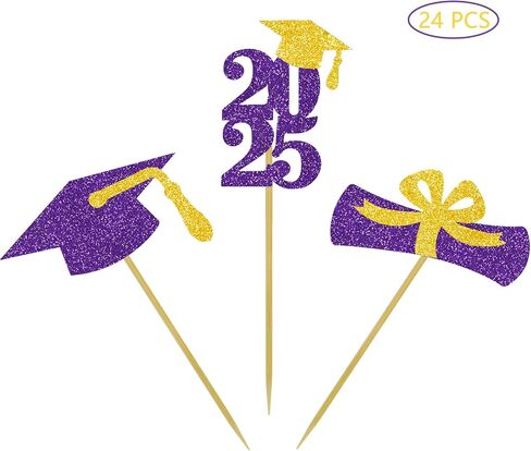 Graduation Cupcake Toppers Grad Party Decoration Food Picks Congrats Glitter Diploma Cap School Colors Supplies 24 PCS Purple Gold in Kuwait