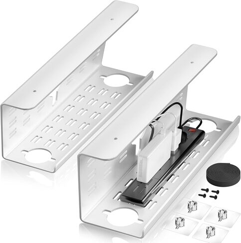 Cinati 2 Pack Cable Management Under Desk, 16 inch Under Desk Cable Management Tray, No Drill Black Cable Organizer for Desk, Tape & Screw Installation Desk Cable Management,Cord Management for Office in Saudi Arabia