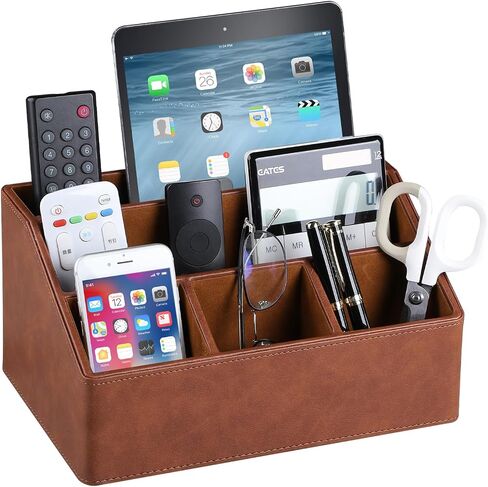 PU Leather Desk Organizer, Luxury Remote Control Holder for Home, Office Desk Accessories Table Caddy Bedside Nightstand Organizer (Dark Beige) in Saudi Arabia