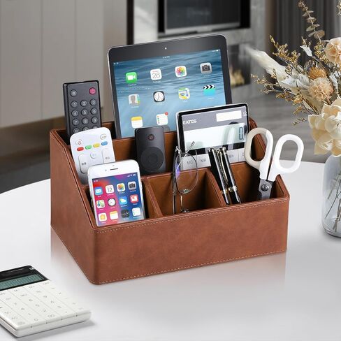 PU Leather Desk Organizer, Luxury Remote Control Holder for Home, Office Desk Accessories Table Caddy Bedside Nightstand Organizer (Dark Beige) in Saudi Arabia