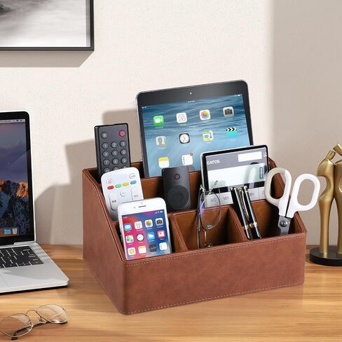 PU Leather Desk Organizer, Luxury Remote Control Holder for Home, Office Desk Accessories Table Caddy Bedside Nightstand Organizer (Dark Beige) in Saudi Arabia