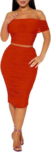 2 Piece Skirt Set Sexy Mesh Ruched Bodycon Tube Top Cocktail Party Midi Dress Club Outfits in Kuwait
