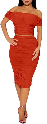 2 Piece Skirt Set Sexy Mesh Ruched Bodycon Tube Top Cocktail Party Midi Dress Club Outfits in Kuwait