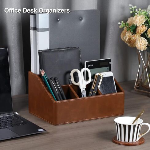 PU Leather Desk Organizer, Luxury Remote Control Holder for Home, Office Desk Accessories Table Caddy Bedside Nightstand Organizer (Dark Beige) in Saudi Arabia