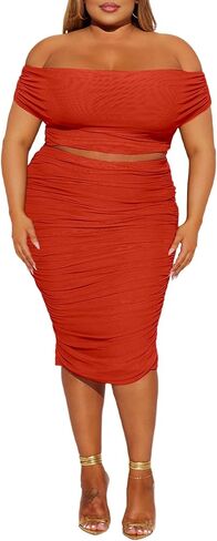 2 Piece Skirt Set Sexy Mesh Ruched Bodycon Tube Top Cocktail Party Midi Dress Club Outfits in Kuwait