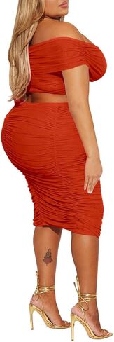 2 Piece Skirt Set Sexy Mesh Ruched Bodycon Tube Top Cocktail Party Midi Dress Club Outfits in Kuwait