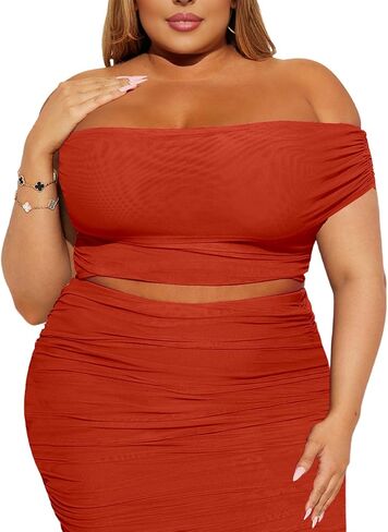 2 Piece Skirt Set Sexy Mesh Ruched Bodycon Tube Top Cocktail Party Midi Dress Club Outfits in Kuwait
