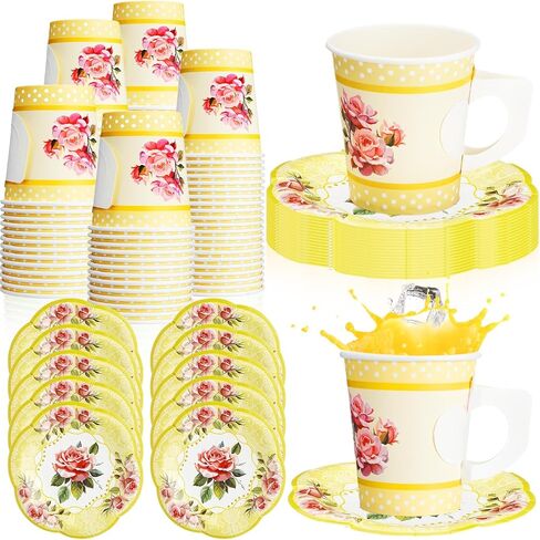 100 Pcs Tea Party Decorations Includes 50 7 oz Paper Tea Cups with Handle 50 Vintage Floral Plates Disposable Tea Cups and Saucers for Wedding Spring Party Birthday Hot Cold Drinks(Blue) in Saudi Arabia