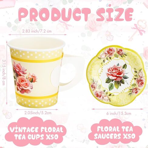 100 Pcs Tea Party Decorations Includes 50 7 oz Paper Tea Cups with Handle 50 Vintage Floral Plates Disposable Tea Cups and Saucers for Wedding Spring Party Birthday Hot Cold Drinks(Blue) in Saudi Arabia