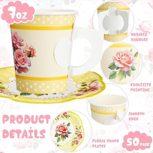 100 Pcs Tea Party Decorations Includes 50 7 oz Paper Tea Cups with Handle 50 Vintage Floral Plates Disposable Tea Cups and Saucers for Wedding Spring Party Birthday Hot Cold Drinks(Blue) in Saudi Arabia