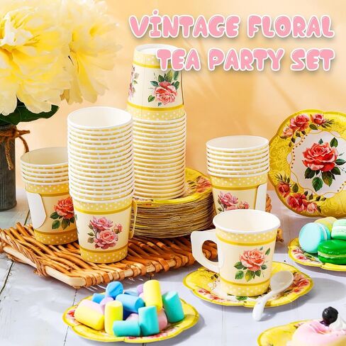 100 Pcs Tea Party Decorations Includes 50 7 oz Paper Tea Cups with Handle 50 Vintage Floral Plates Disposable Tea Cups and Saucers for Wedding Spring Party Birthday Hot Cold Drinks(Blue) in Saudi Arabia