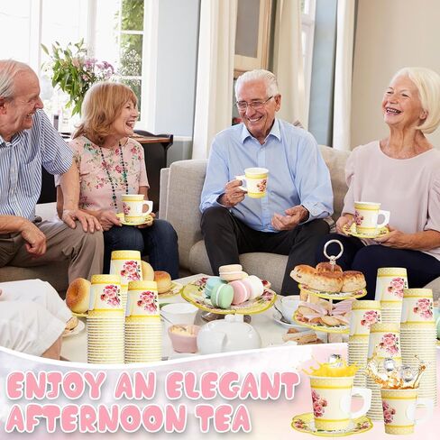 100 Pcs Tea Party Decorations Includes 50 7 oz Paper Tea Cups with Handle 50 Vintage Floral Plates Disposable Tea Cups and Saucers for Wedding Spring Party Birthday Hot Cold Drinks(Blue) in Saudi Arabia