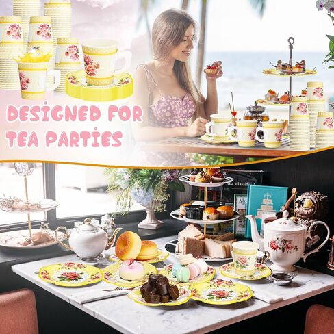 100 Pcs Tea Party Decorations Includes 50 7 oz Paper Tea Cups with Handle 50 Vintage Floral Plates Disposable Tea Cups and Saucers for Wedding Spring Party Birthday Hot Cold Drinks(Blue) in Saudi Arabia