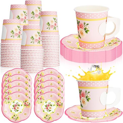 100 Pcs Tea Party Decorations Includes 50 7 oz Paper Tea Cups with Handle 50 Vintage Floral Plates Disposable Tea Cups and Saucers for Wedding Spring Party Birthday Hot Cold Drinks(Blue) in Saudi Arabia