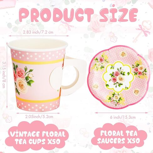 100 Pcs Tea Party Decorations Includes 50 7 oz Paper Tea Cups with Handle 50 Vintage Floral Plates Disposable Tea Cups and Saucers for Wedding Spring Party Birthday Hot Cold Drinks(Blue) in Saudi Arabia