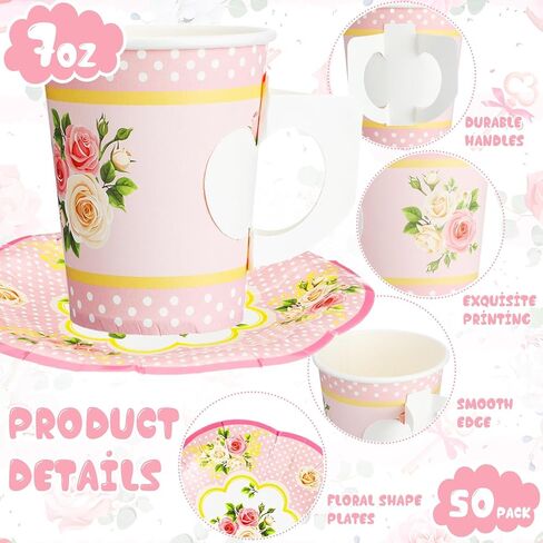 100 Pcs Tea Party Decorations Includes 50 7 oz Paper Tea Cups with Handle 50 Vintage Floral Plates Disposable Tea Cups and Saucers for Wedding Spring Party Birthday Hot Cold Drinks(Blue) in Saudi Arabia