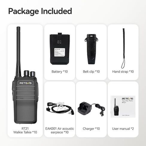 Retevis RT21 Walkie Talkies with Earpiece,2 Way Radio Long Range,Rugged Emergency Alarm,Handfree, Portable FRS Two Way Radios for Warehouse Education (10 Pack) in Kuwait