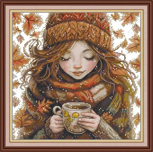 Crossnest 16ct مختومة Cross Stitch Kit للمبتدئين ، HD مطبوعة التطريز DIY الكامل مجموعة مع أنماط وأدوات ، قماشية Aida الممتازة (الشاي الدافئ الشتوي) in Kuwait