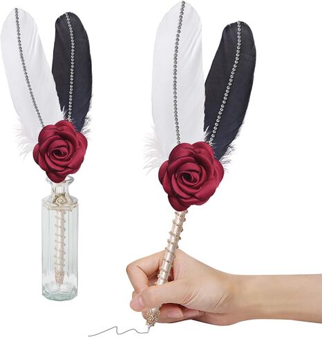 Vijiv Luxury 2 -Pack Feather Quill Pen لحفلات الزفاف - 11 "أقلام خط الزفاف الأنيقة مع القوس والورود ذي الحلقات الزخرفية ، وأقلام كرة الدوارة القابلة لإعادة التعبئة لكتب الضيوف الزفاف ، وحفلات الاستقبال ، والاستحمام in Kuwait