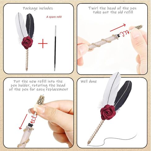 Vijiv Luxury 2 -Pack Feather Quill Pen لحفلات الزفاف - 11 "أقلام خط الزفاف الأنيقة مع القوس والورود ذي الحلقات الزخرفية ، وأقلام كرة الدوارة القابلة لإعادة التعبئة لكتب الضيوف الزفاف ، وحفلات الاستقبال ، والاستحمام in Kuwait