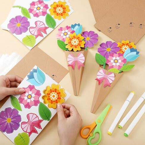 24 Pcs Flower Bouquet Craft Kit DIY Mother's Day Flower Bouquet Craft DIY Make Your Own Paper Thankful Gift for Mum Teacher Appreciation Home Classroom Activities(Bright Style) in Kuwait