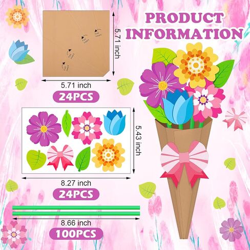 24 Pcs Flower Bouquet Craft Kit DIY Mother's Day Flower Bouquet Craft DIY Make Your Own Paper Thankful Gift for Mum Teacher Appreciation Home Classroom Activities(Bright Style) in Kuwait
