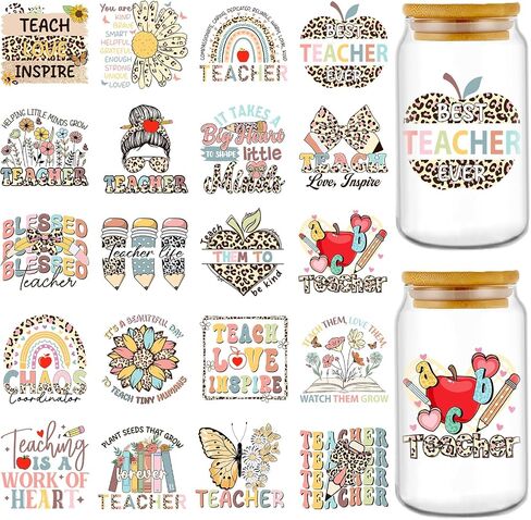Wrap UVDTF Cup Wrap - 20 ورقة Leopard Print UV DTF Cup Wraps لـ 16 Oz Glass ، ملصقات زهرة قوس قزح الفراشة للمياه ، فرك مقاوم للماء على شارات النقل ، هدية المعلم DIY in Kuwait