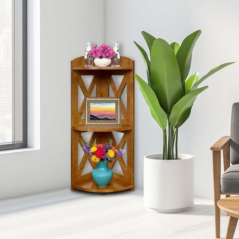 Corner Shelf Stand, Corner Bookshelf, Small Corner Shelves by Natural Wood, Plant Stand, Corner Bookcase for Living Room, Home Office, Bedroom, (Brown, 3 Tier) in Saudi Arabia