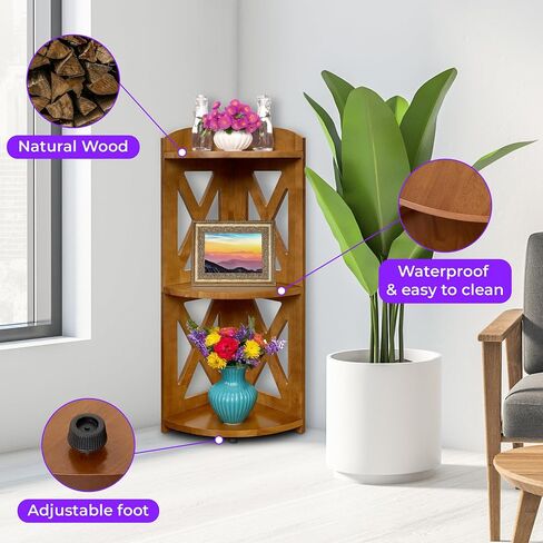 Corner Shelf Stand, Corner Bookshelf, Small Corner Shelves by Natural Wood, Plant Stand, Corner Bookcase for Living Room, Home Office, Bedroom, (Brown, 3 Tier) in Saudi Arabia