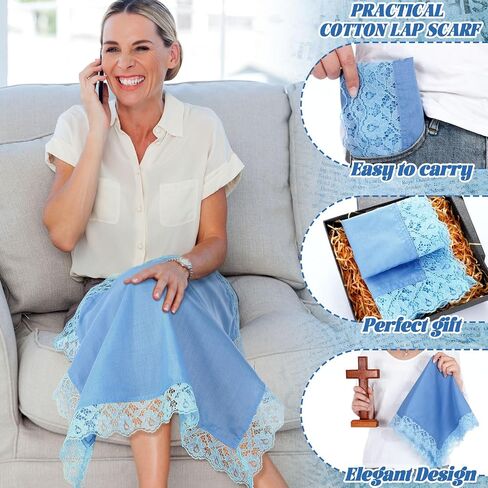 6 Pack 23'' Lap Scarf for Women Church with Lace Lap Scarves Ladies Cotton Handkerchief for Skirts Church Office in Kuwait