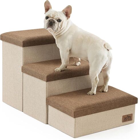 Dog Stairs with Storage, 3-Step Wider Sturdy Dog Steps for Small/Medium/Large Dogs and Older Cats, Folding Doggie Ramp for Bed/Couch/Car Hold Up to 210 lbs (16.7" H, Brown) in Saudi Arabia